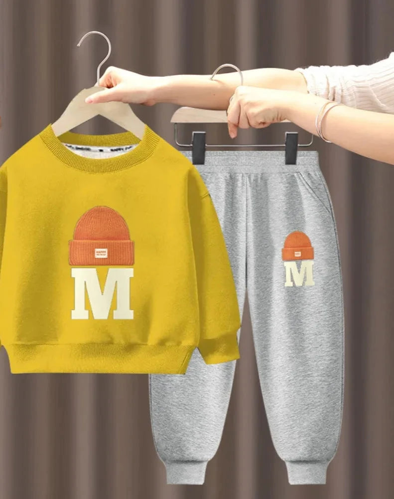 Children's Plush Letter Sweater Long sleeved Pants Two Piece Set