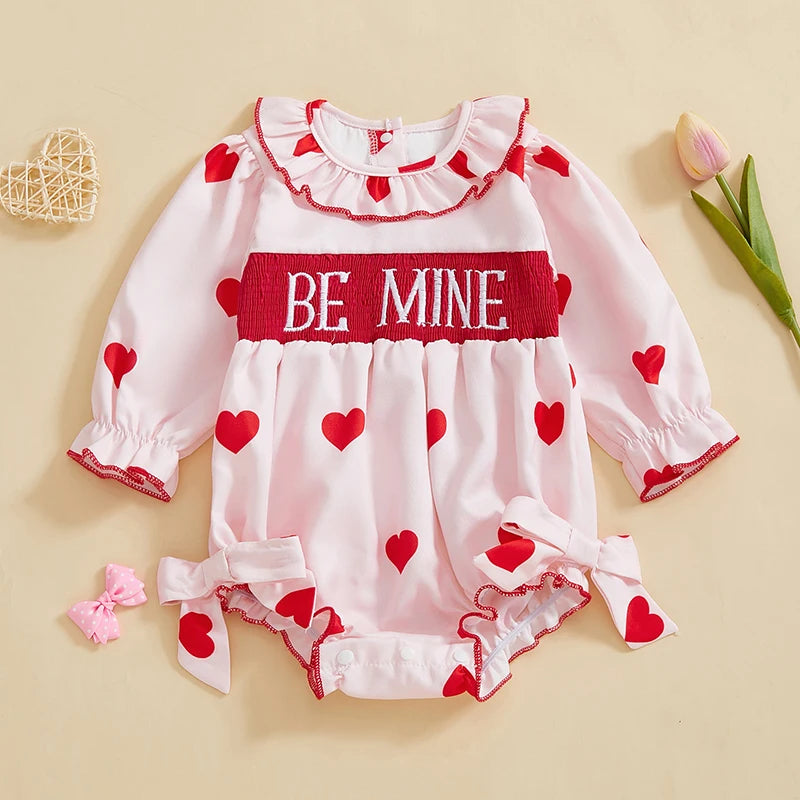 Baby Girls Valentine's Day Romper - Heart Print with Letter Embroidery & Bow (0-24M)