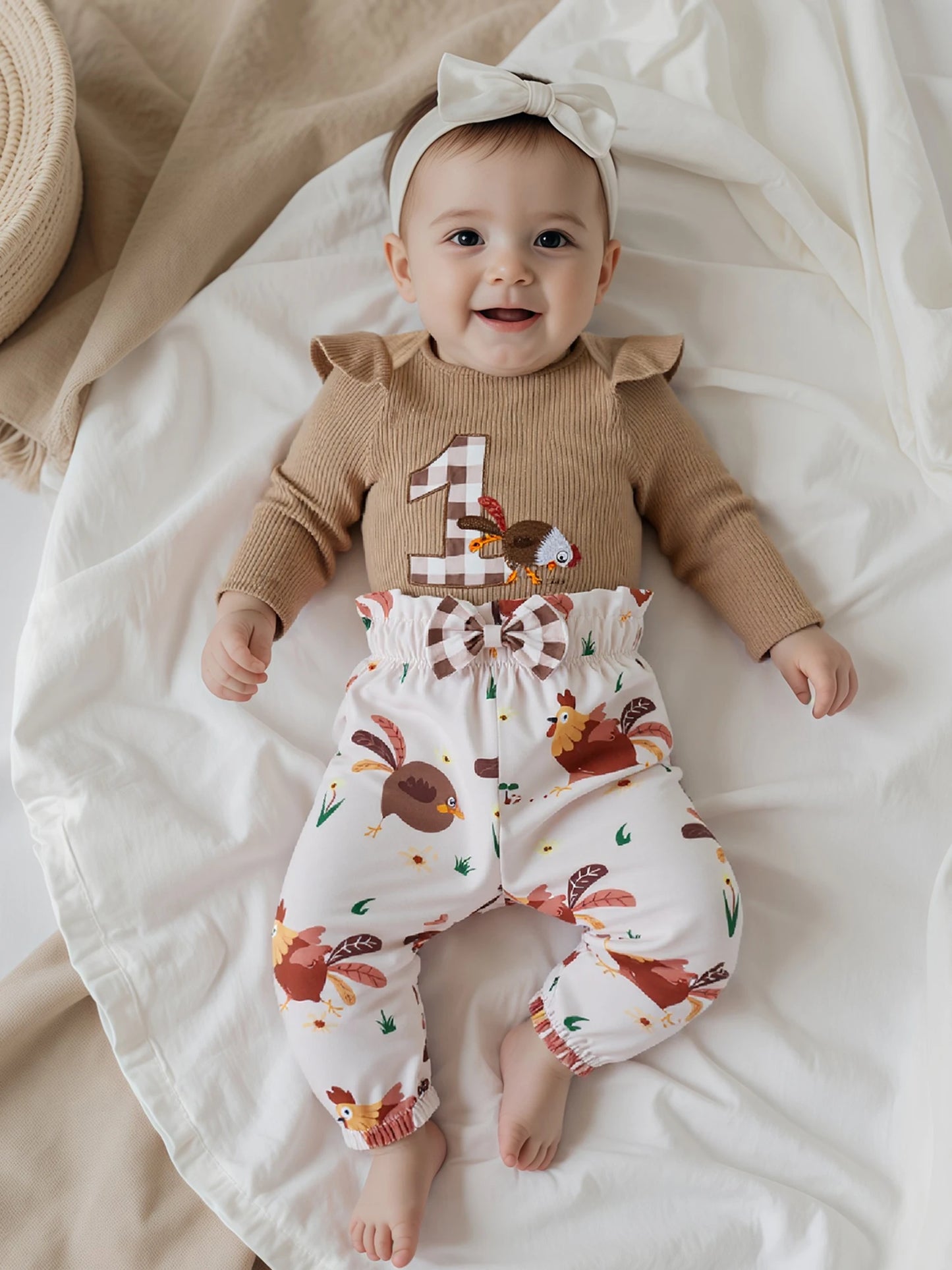 Baby 3-Piece Outfit Set - Ruffle Long Sleeve Embroidery Romper & Pants (0-18M)