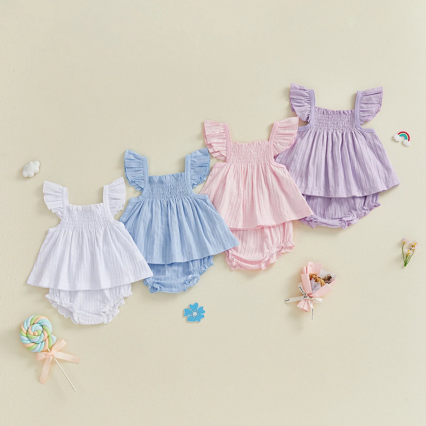 Baby Girls Summer Outfit Set - Flying Sleeve Top & Ruffle Shorts (0-24M)