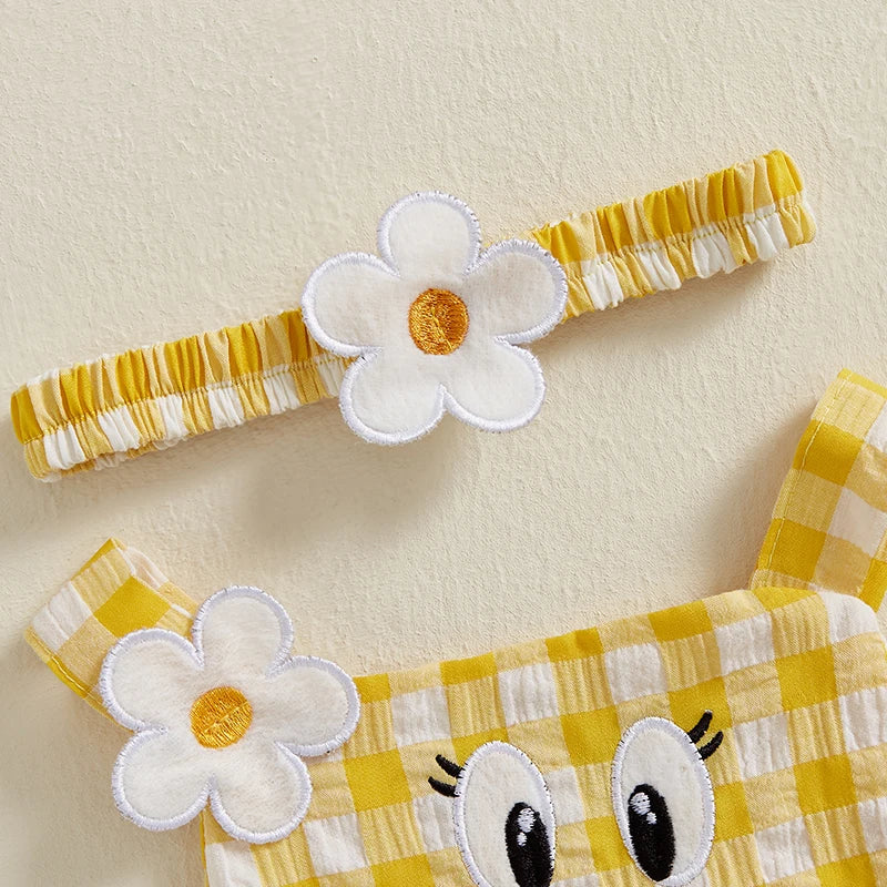 Baby Girls' Cartoon Duck Embroidery Plaid Sleeveless Romper with Floral Headband | Square Neck Summer Playsuit | 3M–12M