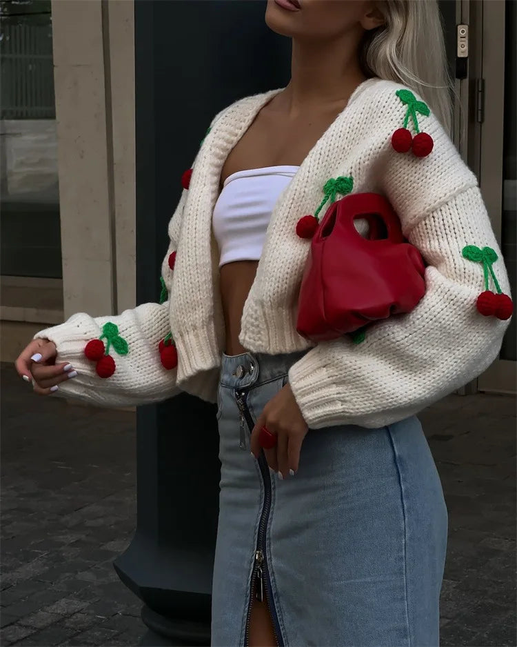 Women's Knitted Cherry Sweaters Cardigan Long Sleeve Top Sweater