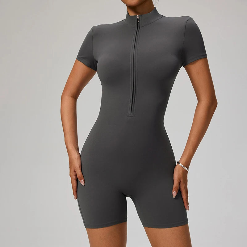 Zipper Front Jumpsuit - Short Sleeve Nylon Workout Set for Gym & Yoga