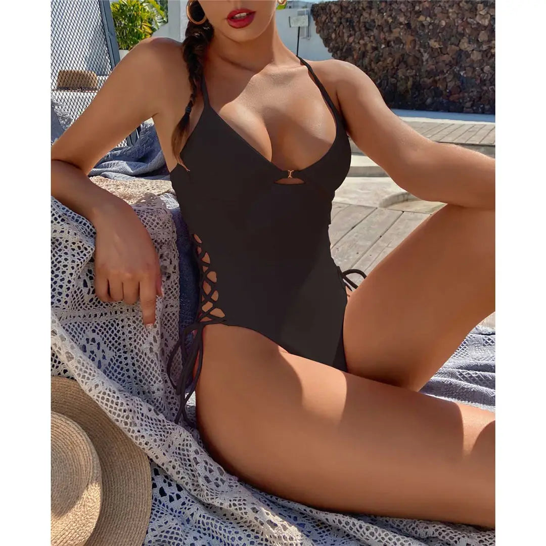 Women's Lace Up Underwired One Piece Swimwear Backless Swimsuit
