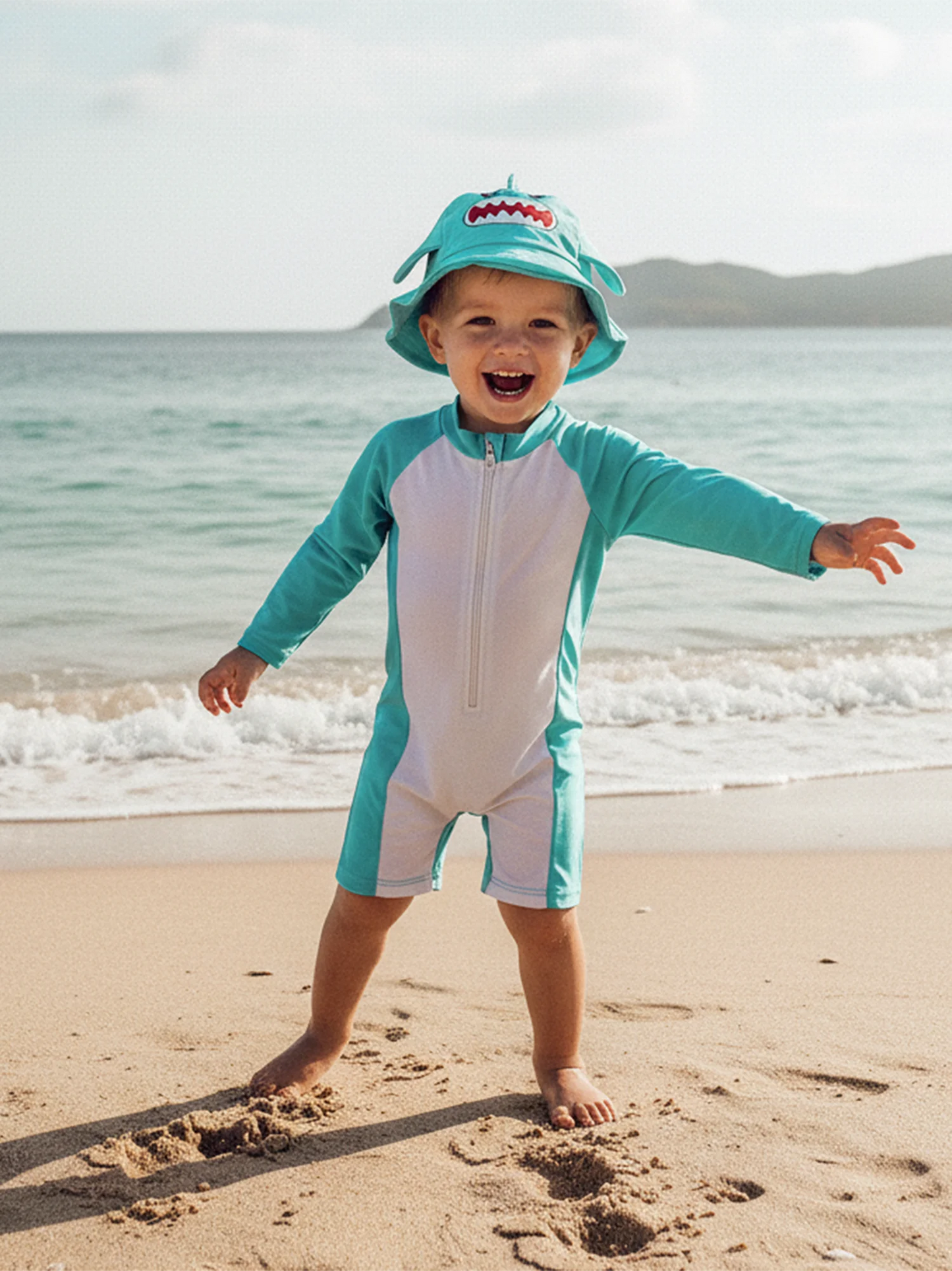 Baby Boys Rash Guard Swimsuit Set - Long Sleeve Zip-Up with Sun Cap