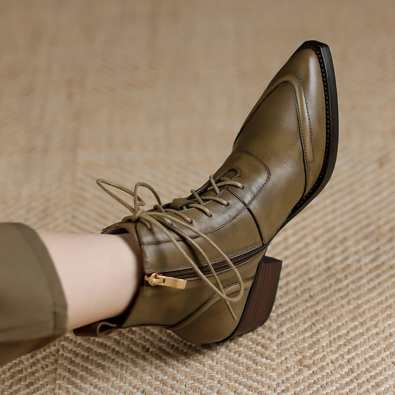 Women's Ankle Lace-up Genuine Leather Thick High Heels  Boots