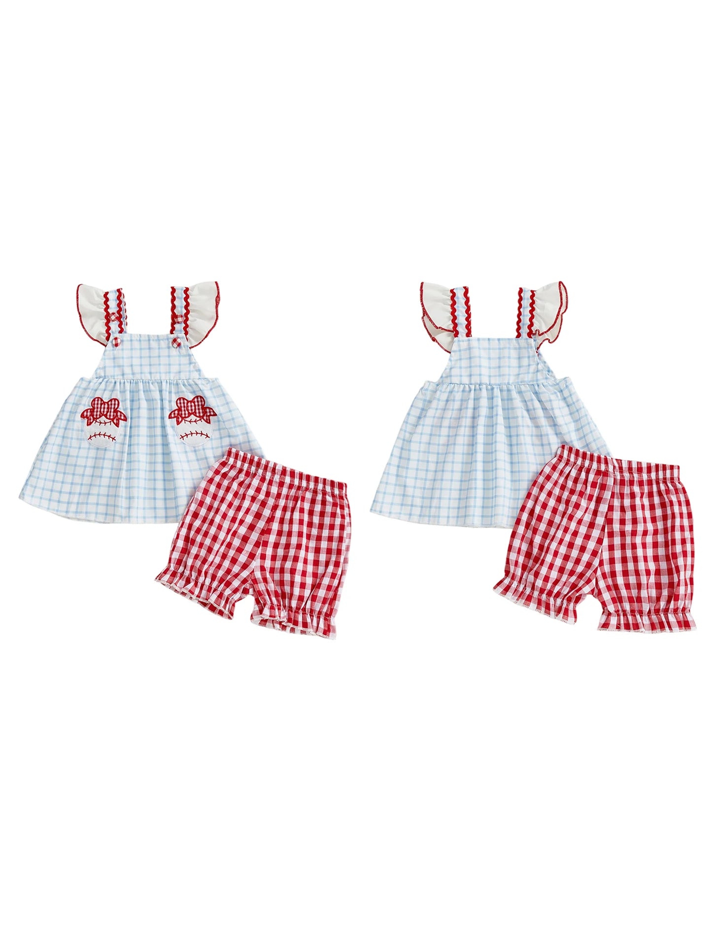 Toddler Girls 2-Piece Outfit Set - Plaid Baseball Embroidery Top & Shorts