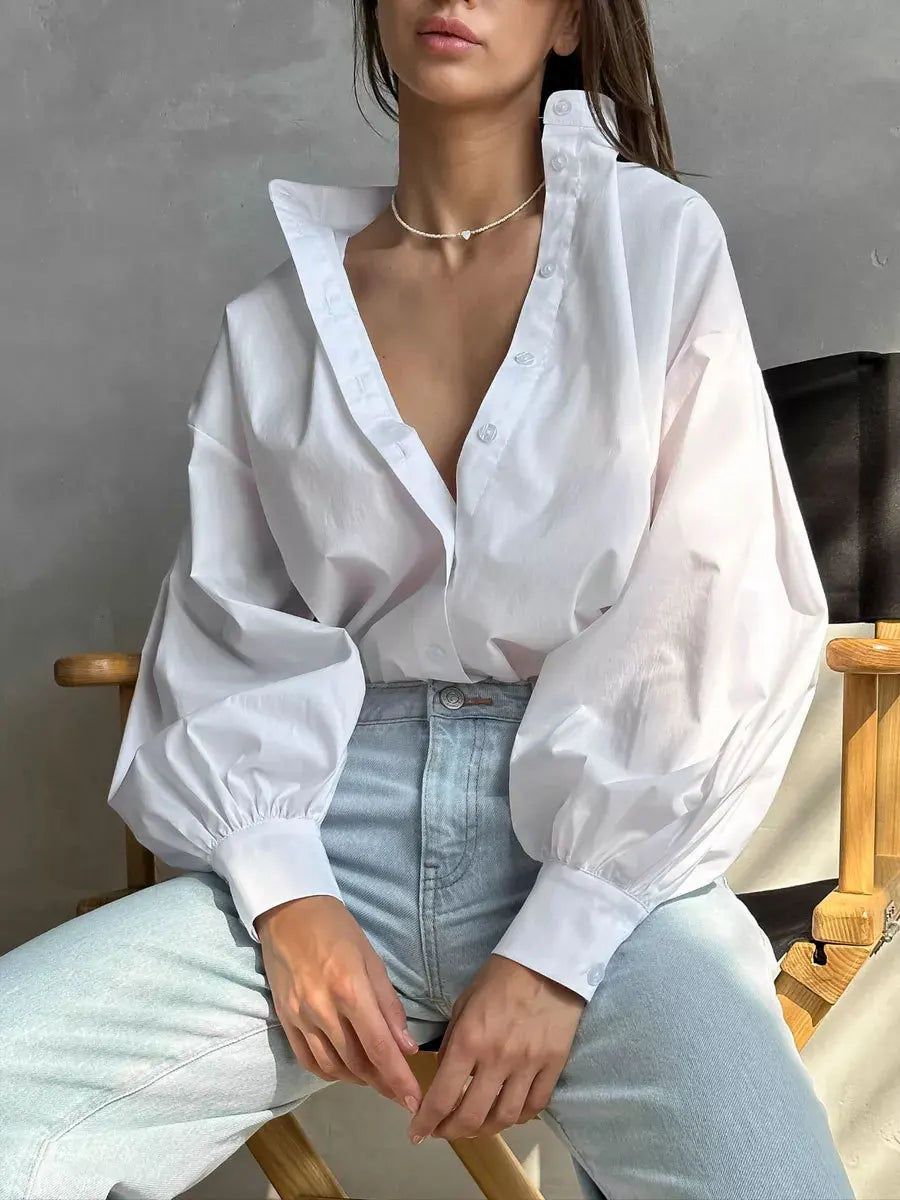 Women's Loose Lantern Sleeve Single-breasted 100% Cotton Blouse