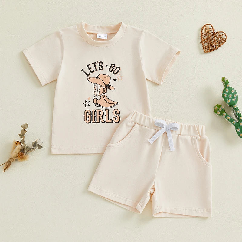 0-4Y Kids Girls Clothes Set Short Sleeve Crew Neck Letters Boots Print T-shirt with Shorts