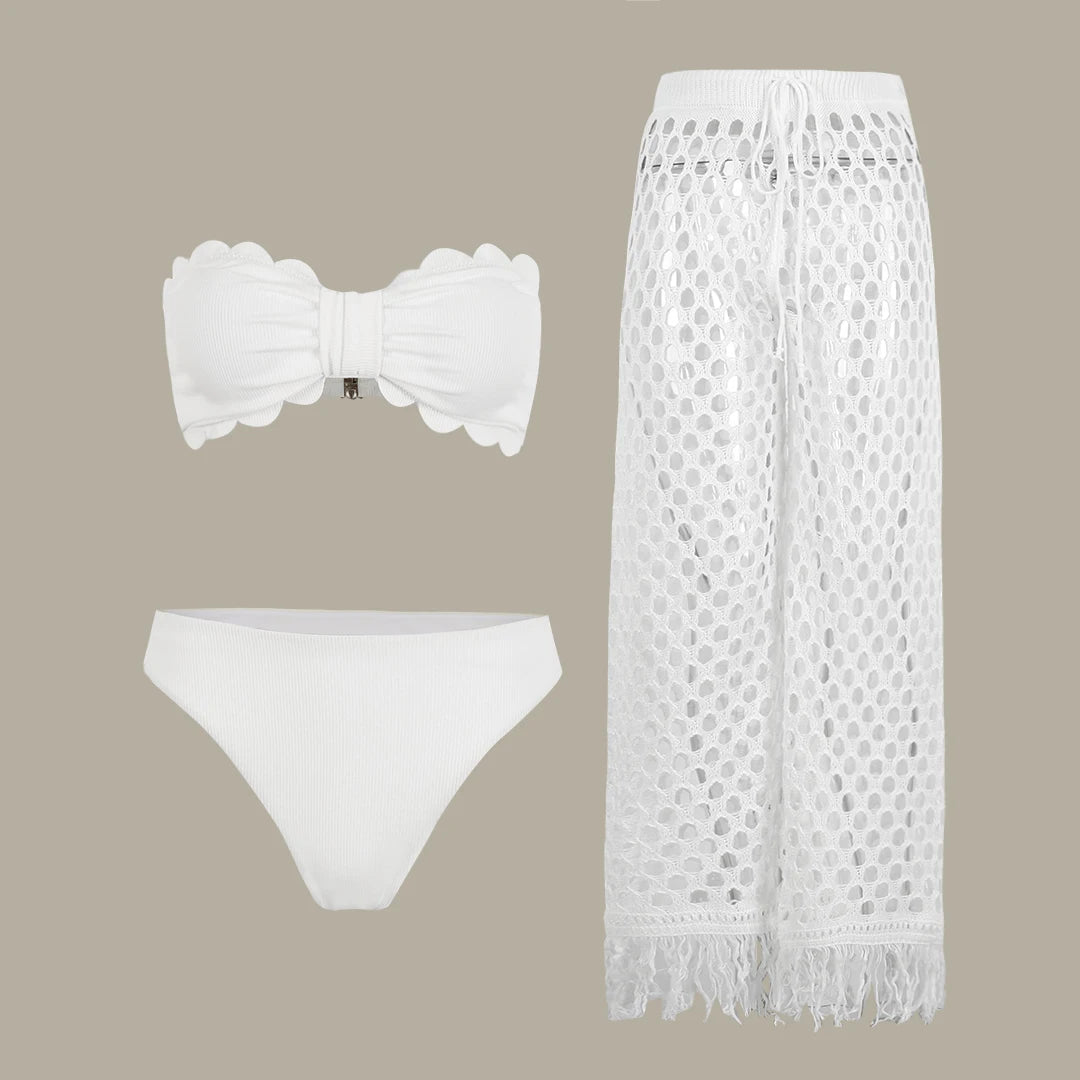 Women's Strapless Tie-Flower Crop Top & High Waist Wide Leg Trousers Set