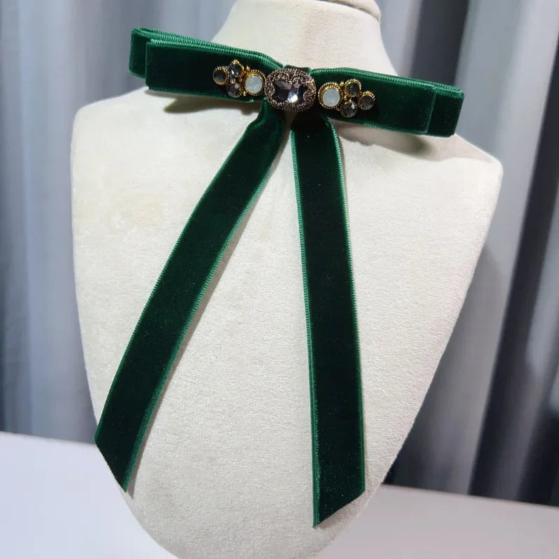 Retro Velvet Bow Brooch - Rhinestone Fabric Lapel Pin