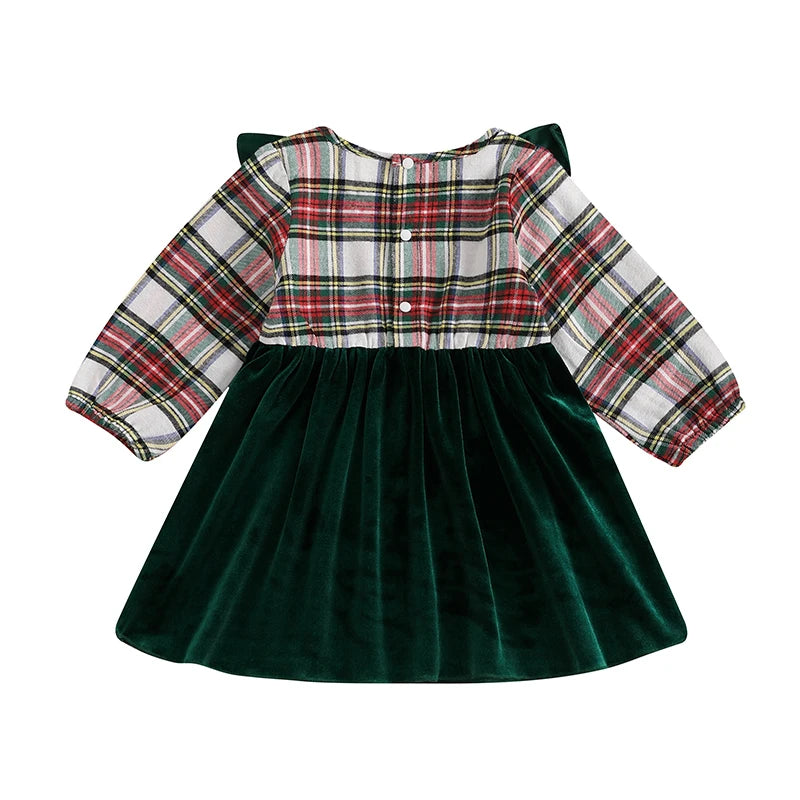 0-4Y Girl Christmas Plaid Print Velvet Patchwork Long Sleeve Crew Neck Ruffled A-Line Dress