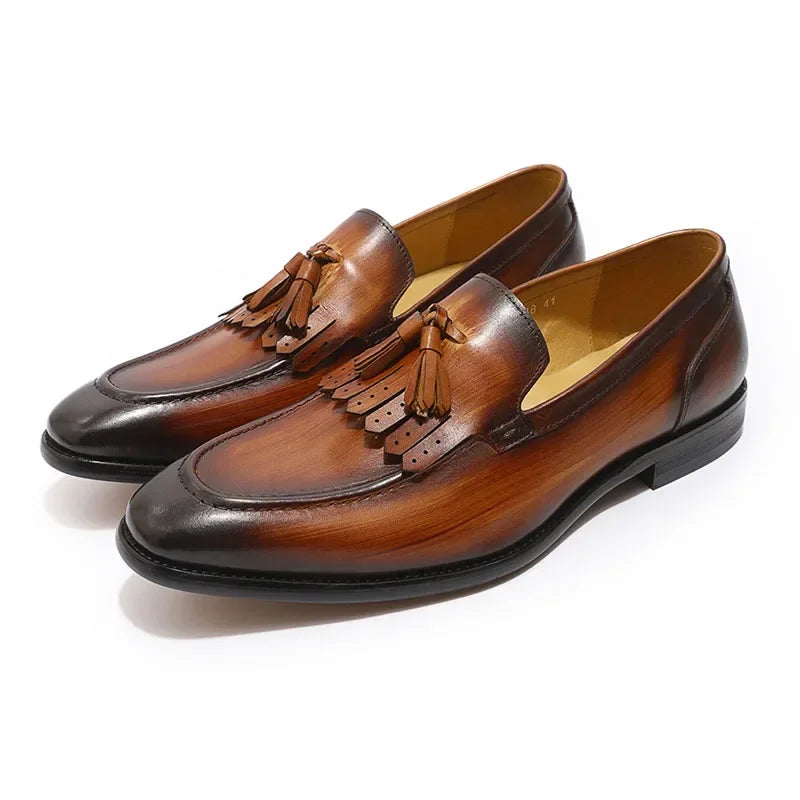 Men's Genuine Leather Tassel Loafers - Handmade Dress Shoes