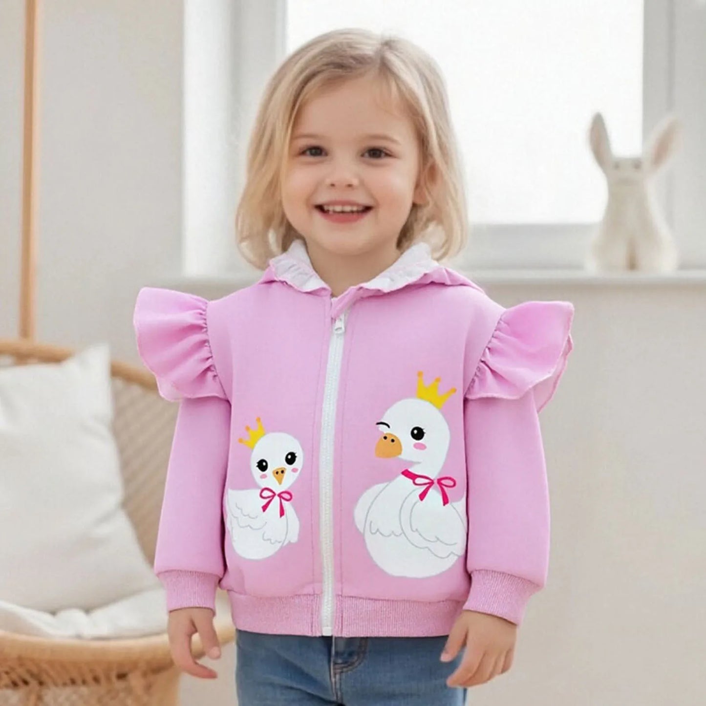 Toddler Girls Hooded Jacket - Goose Print Long Sleeve Coat