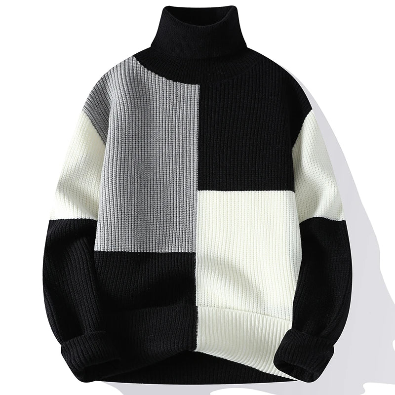 Men's Turtleneck Patchwork Knitted Pullover Sweater