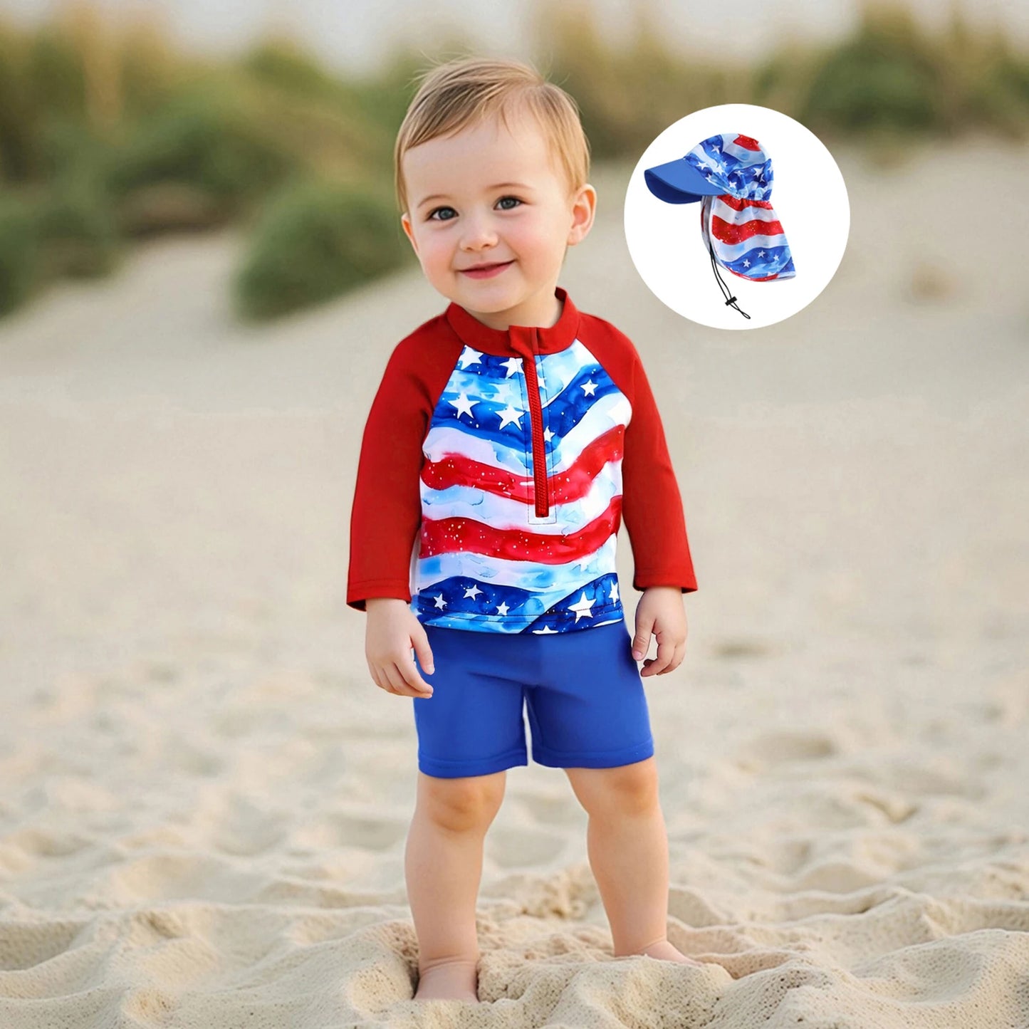 0-5Y American Flag Kids Boys 4th Swimwear Clothes Sets Long Sleeve Stars Print T-shirt with Shorts and Hat