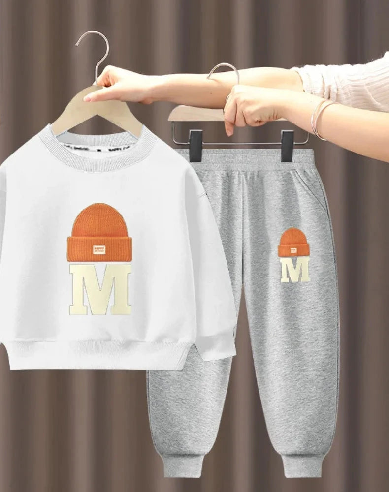 Children's Plush Letter Sweater Long sleeved Pants Two Piece Set