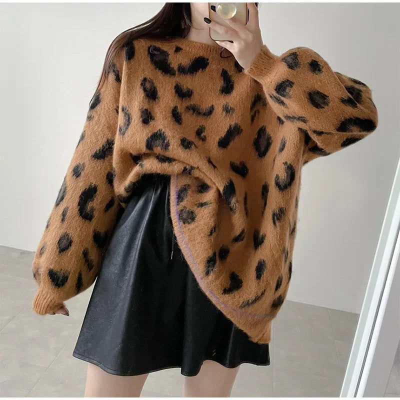 Women's Leopard Print Pullover Loose Oversized Sweater