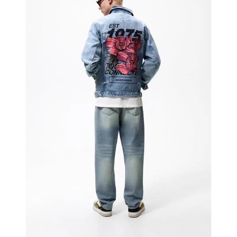 Men's Spring and Autumn Print Denim Jacket