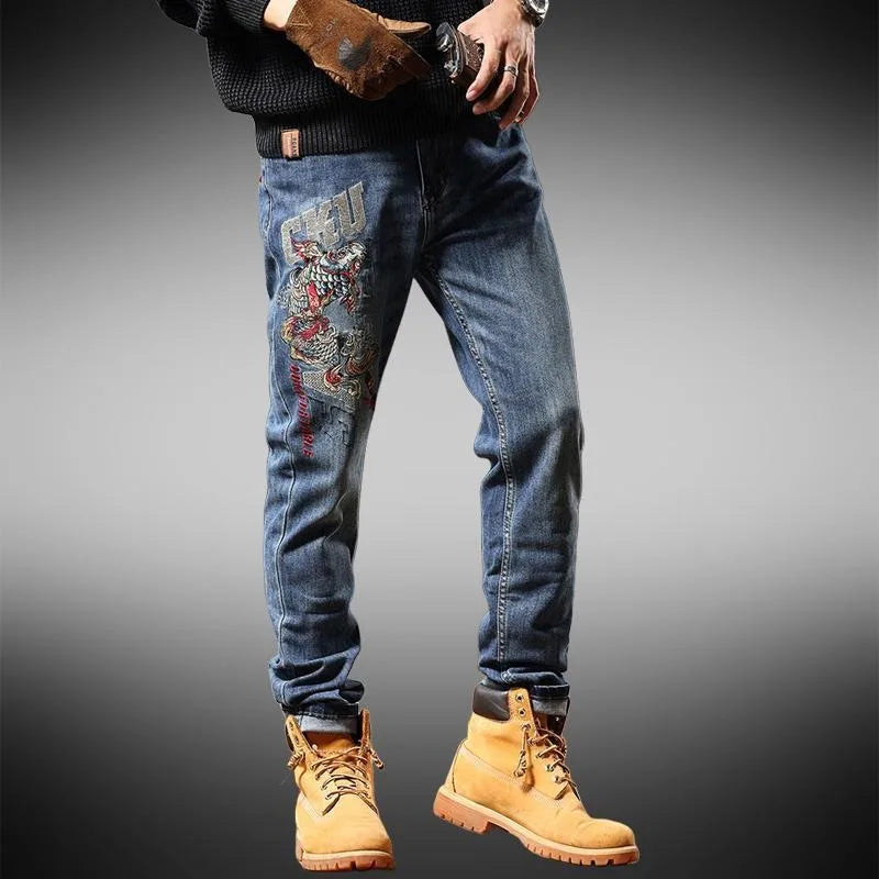 Men's Chinese Embroidered Slim Jeans - Elastic Fit