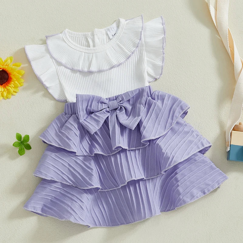 0-4Y Kids Girls Summer Ruffles Fly Sleeve Doll Collar Bow Front Layered Knee Length Dress