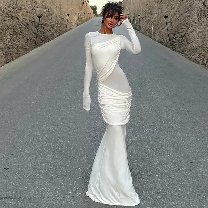 Women's Ruched Maxi Long Sleeve Elegant Asymmetrical Dress