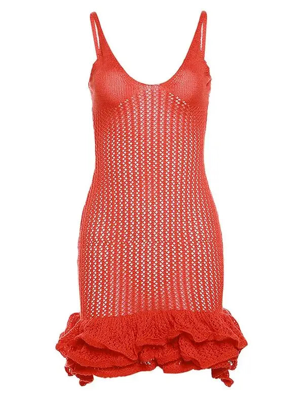 Women's Crochet Knit Mini Dress - Sleeveless Ruffle Hem Cover Up