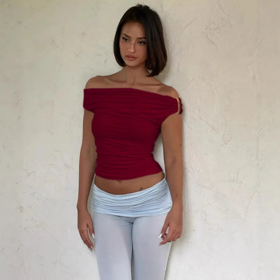 Women's Off Shoulder Ruched Cropped Top - Summer Sleeveless Backless Tee