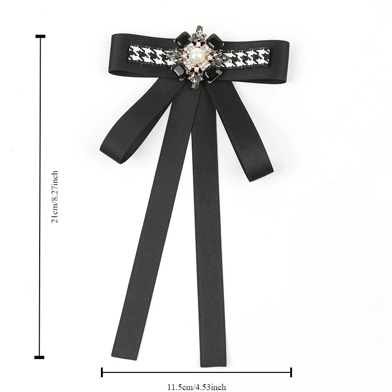 Houndstooth Ribbon Bow Brooch with Pearl
