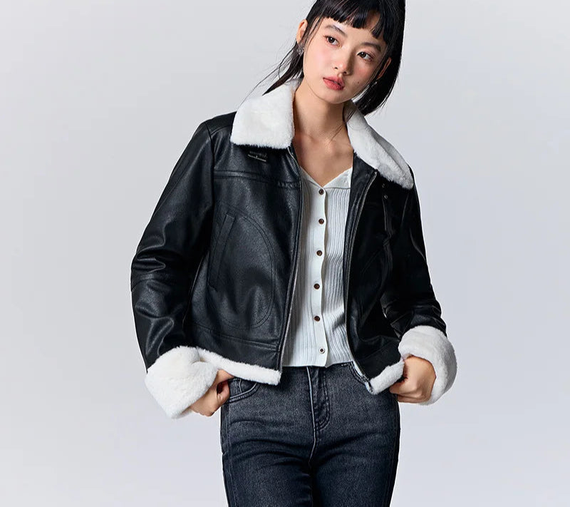 Quilted Faux Leather Cropped Jacket - Women's Winter Outerwear