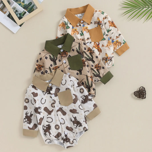 0-18M  Infant Baby Boys Western Jumpsuit Cartoon Cactus/Cattle Print Lapel Long Sleeve Button Down Romper