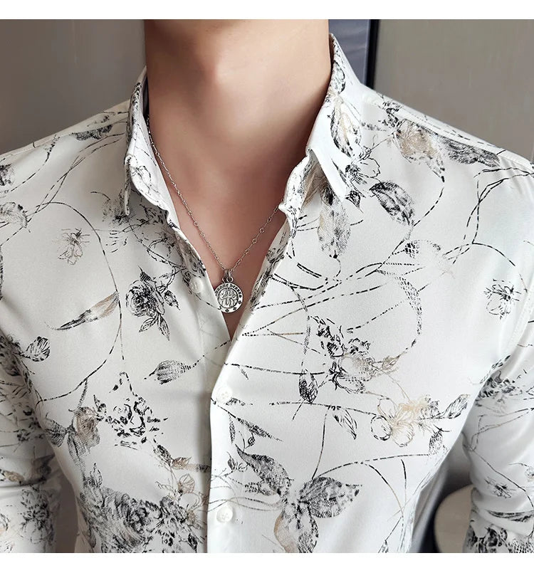 Men's Print Shirt - Slim Fit Long Sleeve Turn Down Collar Shirt