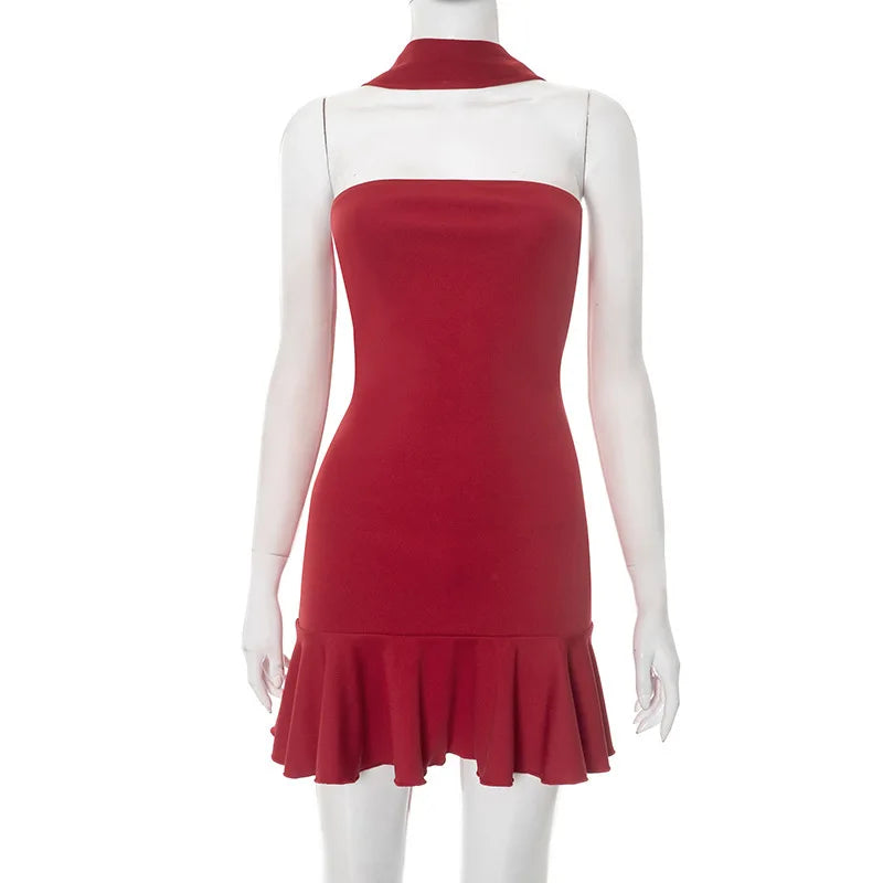 Women's Ruffled Strapless Mini Dress - Red Backless Bodycon with Neck Scarf