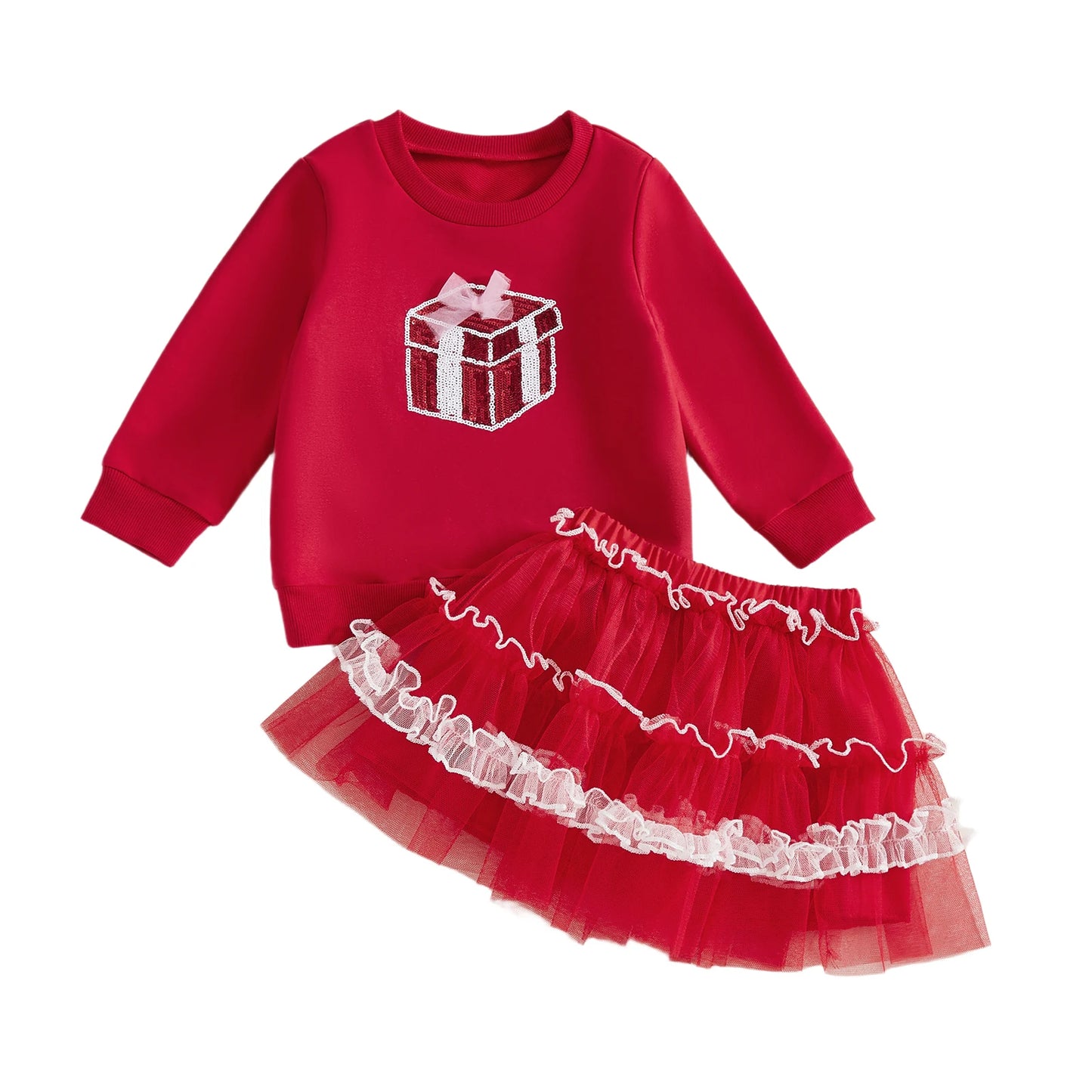 Kids Girls Christmas Outfit Set - Long Sleeve Xmas Embroidery Sweatshirt & Tulle Skirt (0-4Y)