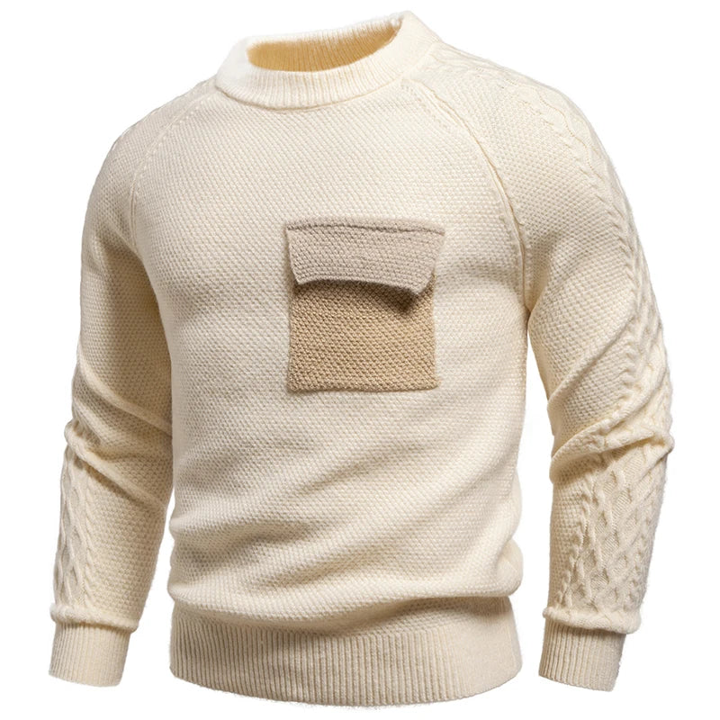 Round Neck Patchwork Pocket Knit Pullover
