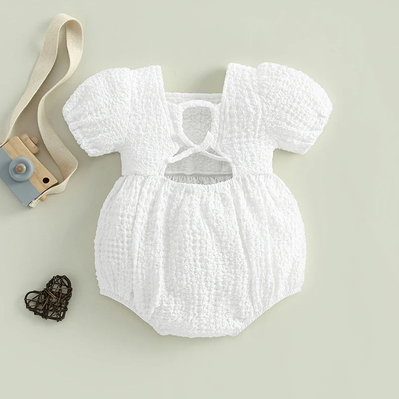 Baby Girls Bubble Romper - Short Puff Sleeve Square Neck Backless Playsuit