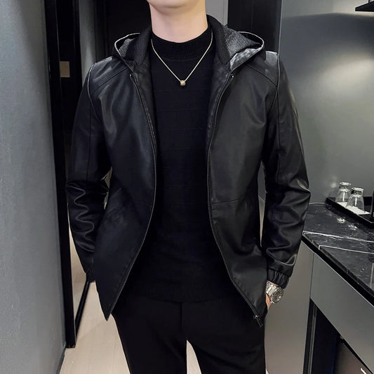 Hooded Leather Moto Jacket - Slim Fit Biker Style
