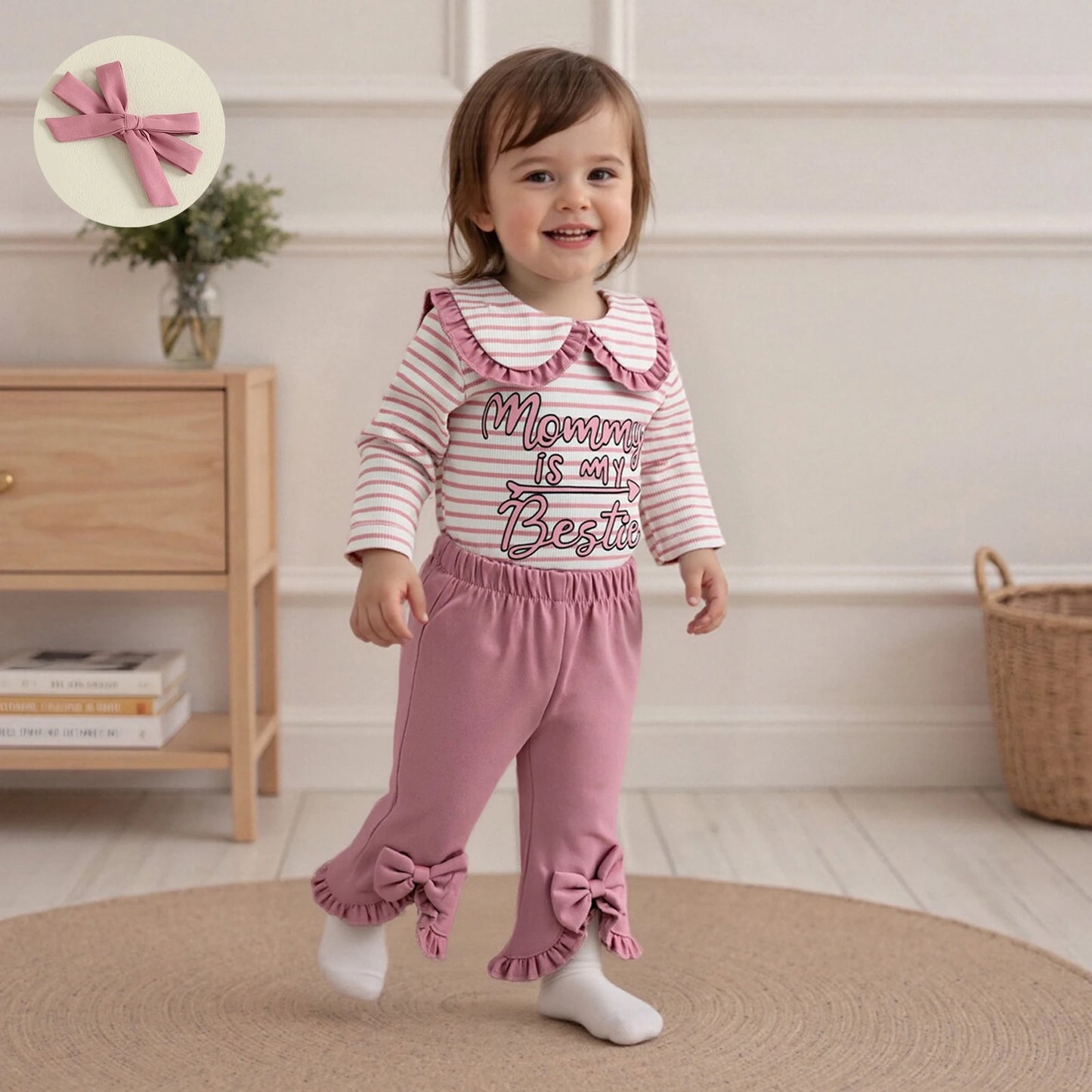 Baby Girls Striped Outfit Set - 3-Piece Long Sleeve Doll Collar Jumpsuit, Flared Pants & Headband (0-18M)