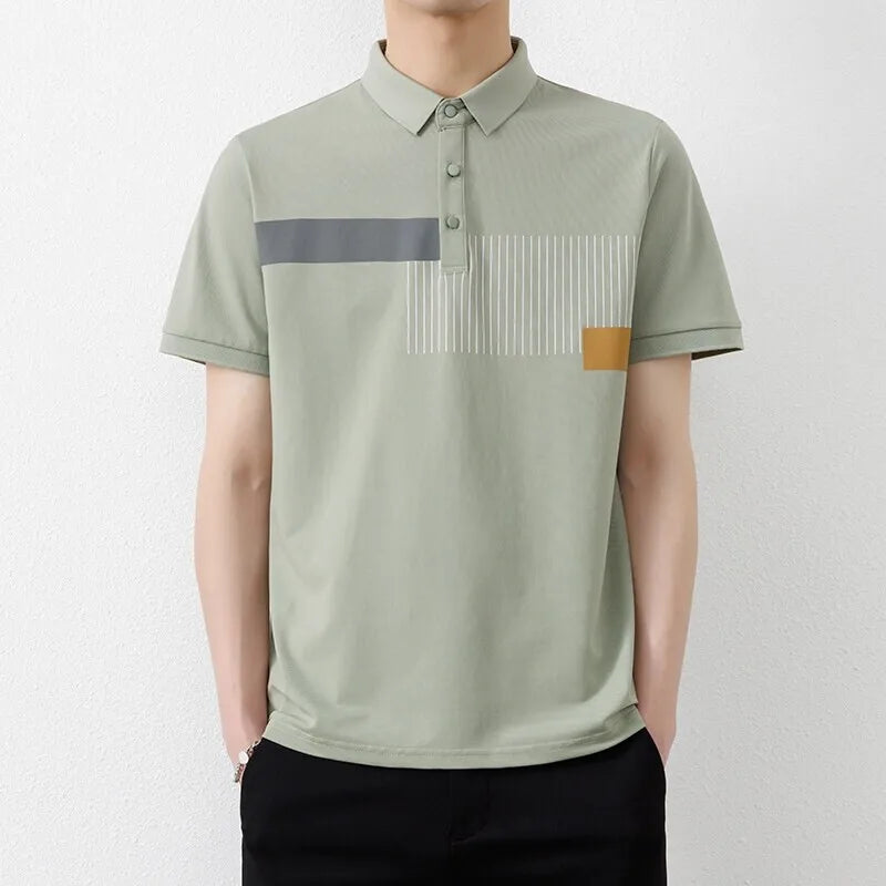 Men's Summer Casual  Contrast Colour Turn Down Collar Striped Polo Shirt