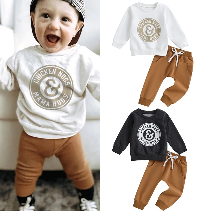 0-3Y Toddler Baby Boys Clothes Sets 2pcs Cartoon Letter Print Long Sleeve Sweatshirt Tops Drawstring Trousers Set