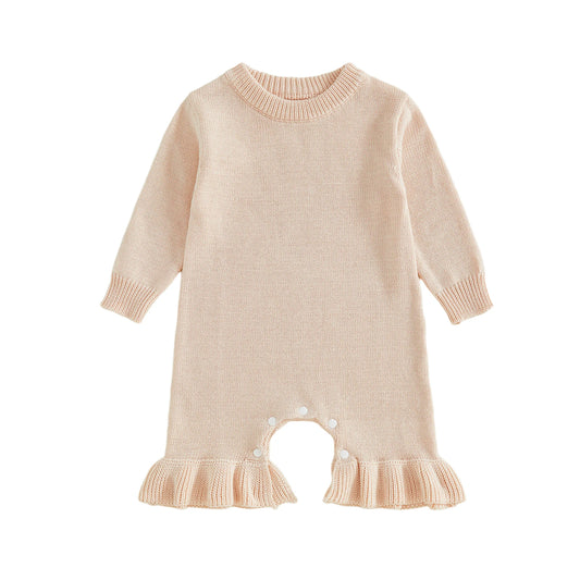 Baby Girl's Knit Romper - Long Sleeve Crew Neck Solid Jumpsuit Sweater