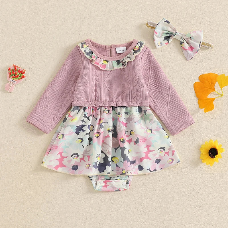 0-18M Baby Girl 2Pcs Fall Romper Dress - Long Sleeve Floral Print Knit Jumpsuits with Headband