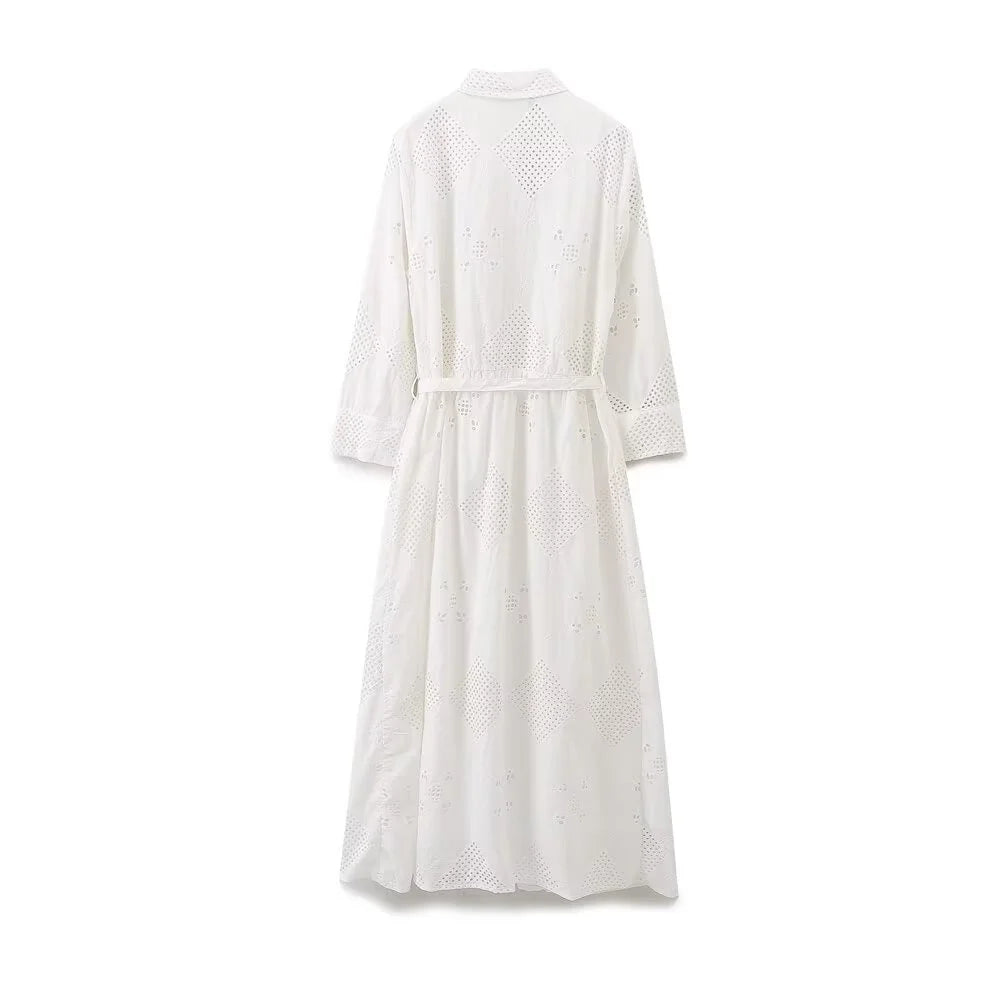 Women's Temperament Casual Embroidery Hollowed Out Shirt Style Dress