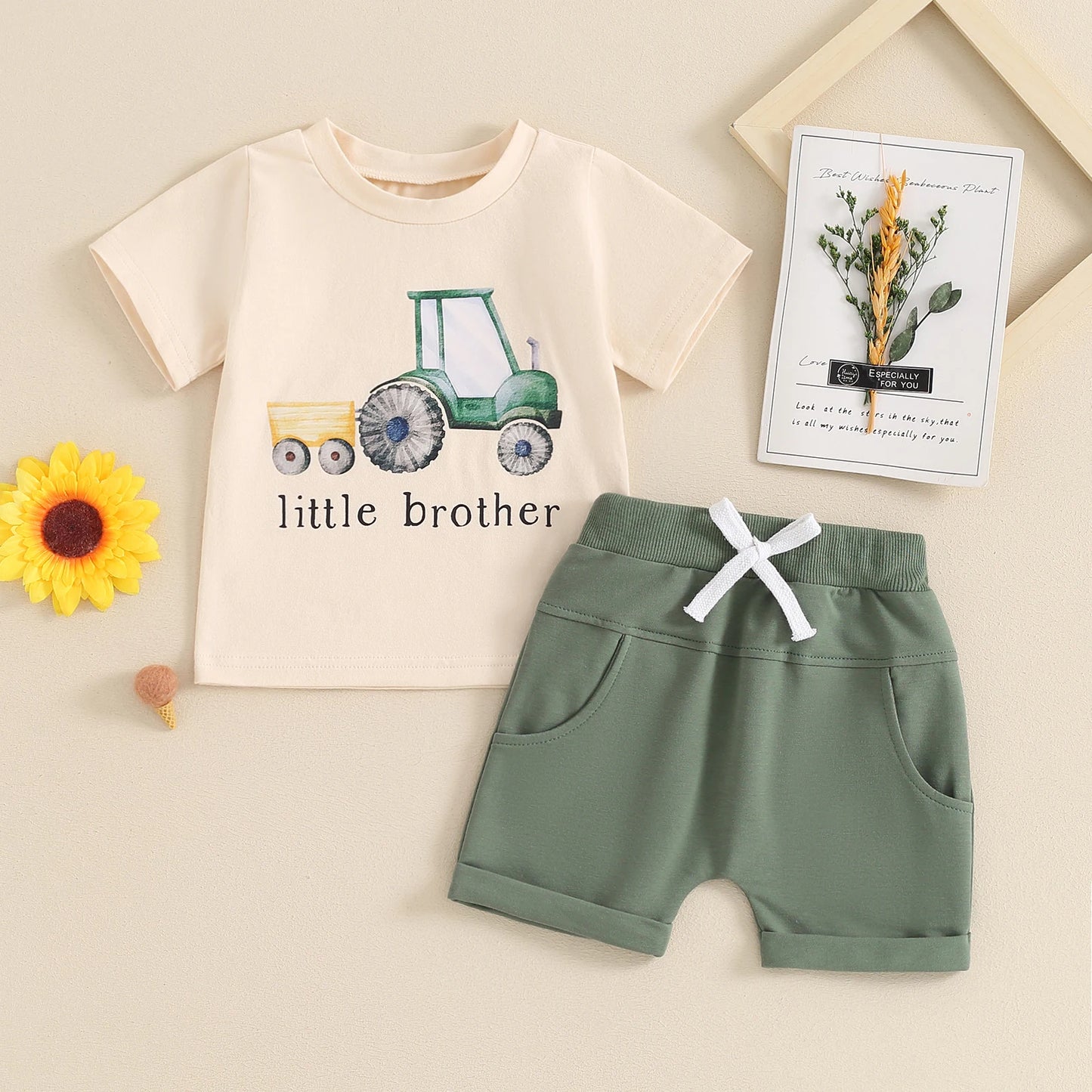 0-5Y Toddler Baby Boys Clothes Set 2pcs Short Sleeve Tractor Letter Print T-shirt with Elastic Waist Shorts Outfit