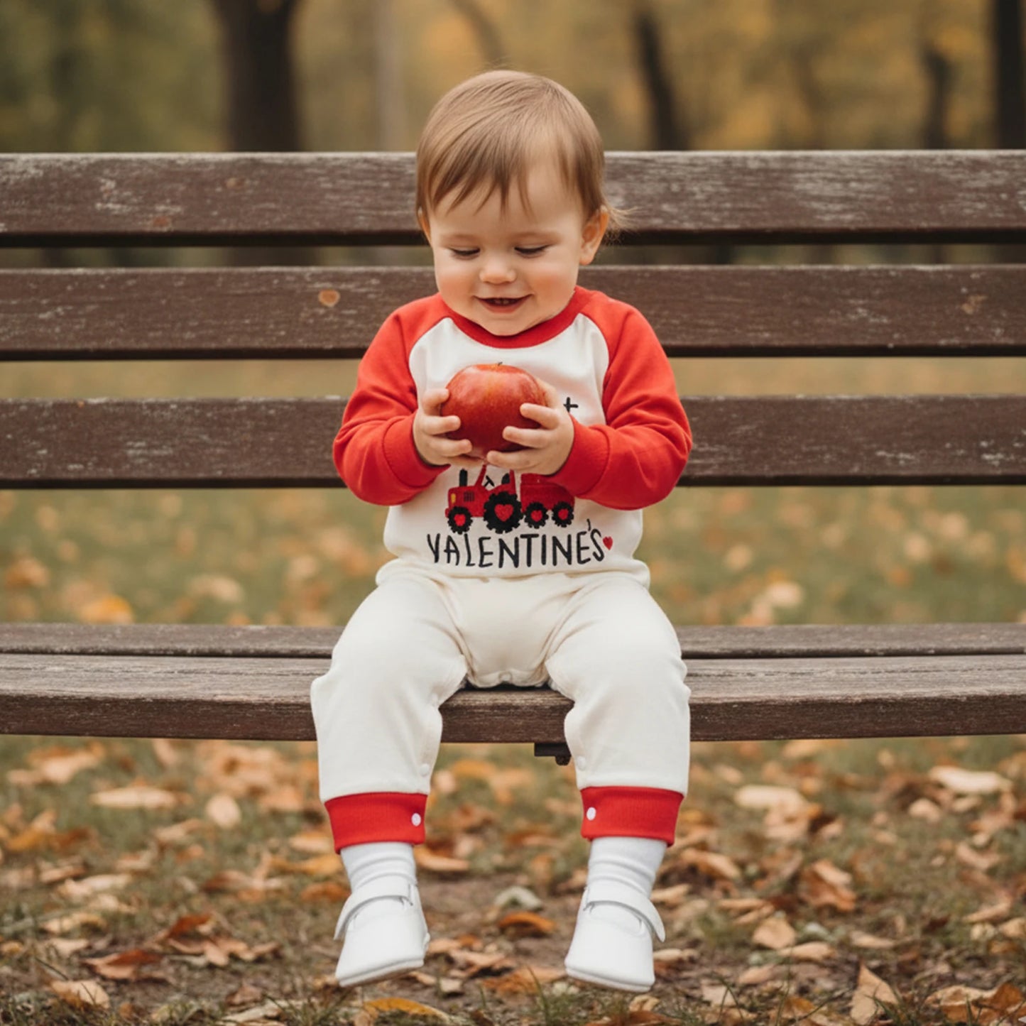 Newborn Baby Boys Valentine's Romper - Love Heart Tractor Embroidery