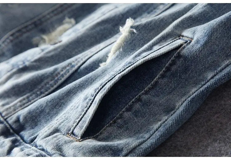 Men's Embroidered Denim Jacket - Retro Ripped Street Style