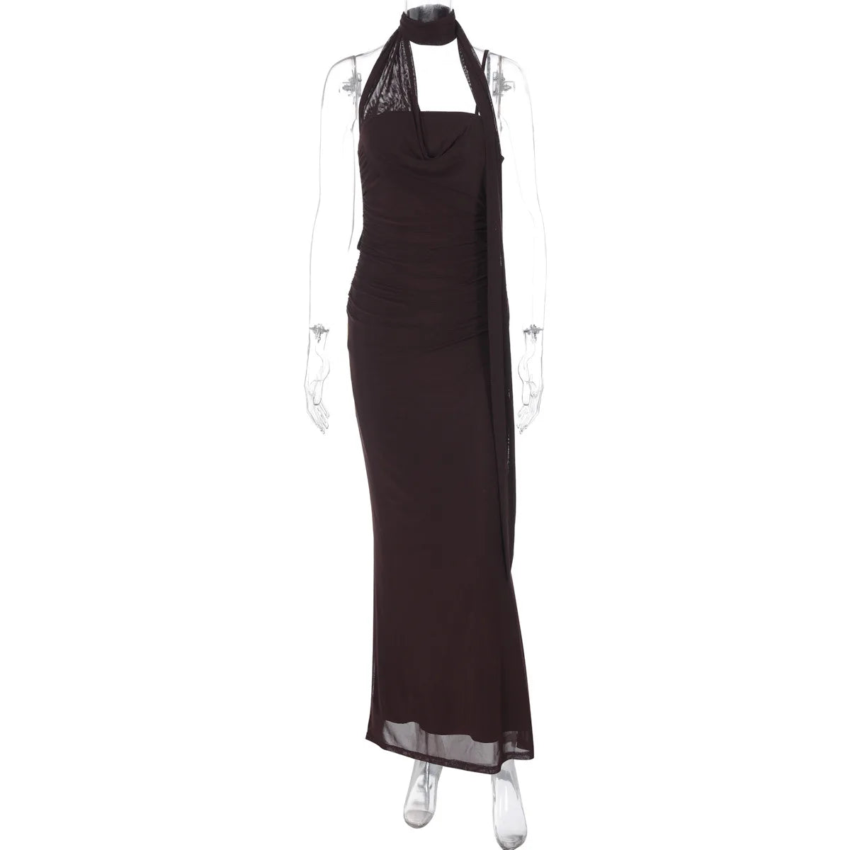 Women's Elegant Neck Scarf Ruched Backless Maxi Dress - Slip Gown