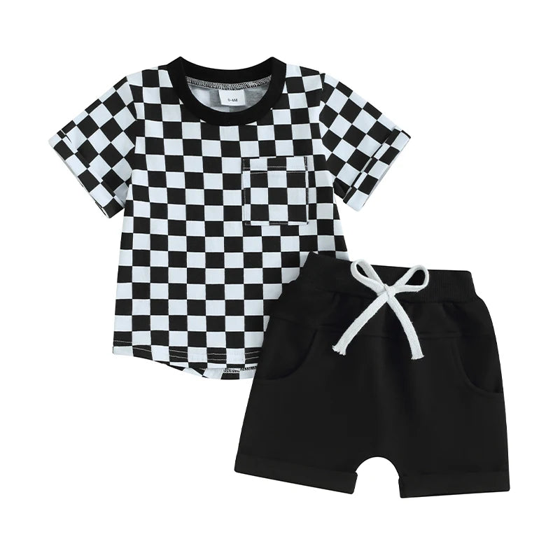 2pcs Toddler Baby Boys Clothes Set 0-3Y Short Sleeve Plaid Print Pocket T-shirt with Shorts Summer Outfit