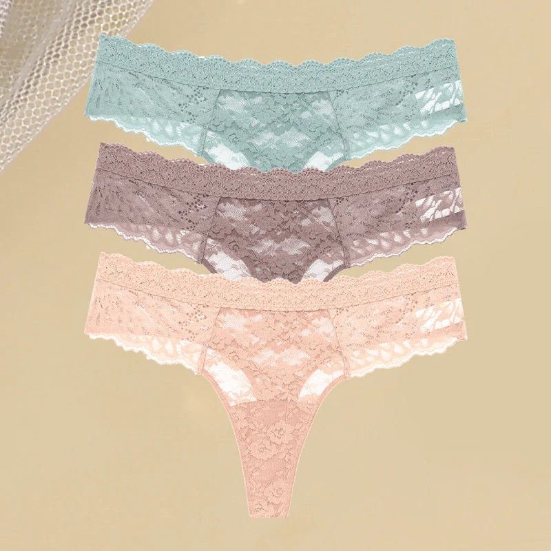 3Pcs Women's Lace Hollow Out Underwear Floral Print Panties Low-Waist Thong Breathable G-string Lingerie