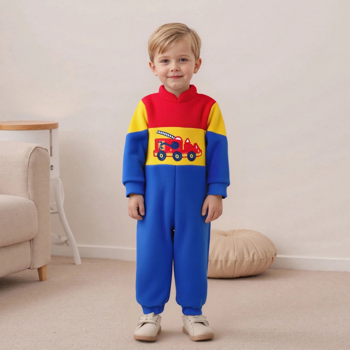 Infant Baby Boys Fall Winter Fleece Romper - Contrast Color Truck Embroidery Mock Neck Jumpsuit